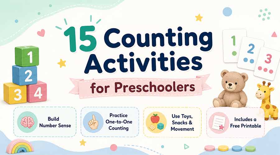 15 counting activities for preschoolers with number sense, one-to-one counting, toys, snacks, movement, and a free printable