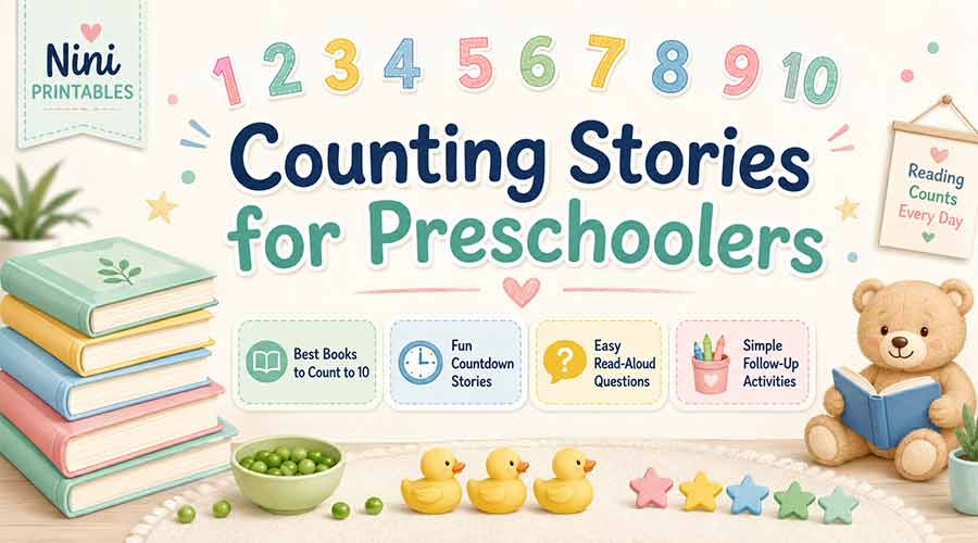Counting stories for preschoolers with pastel books, numbers 1 to 10, read-aloud questions, and simple follow-up activities