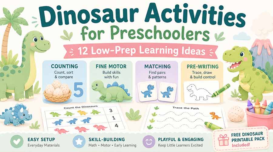 Dinosaur activities for preschoolers with counting, fine motor, matching, and pre-writing ideas