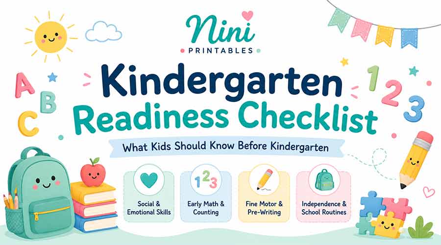 Kindergarten readiness checklist with social, math, fine motor, and school routine skills