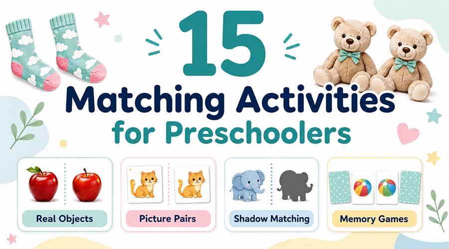 15 matching activities for preschoolers with real objects, picture pairs, shadow matching, and memory games