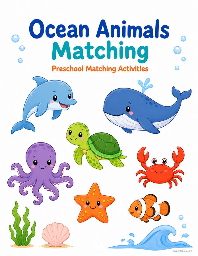 Ocean Animals Matching printable preview 1