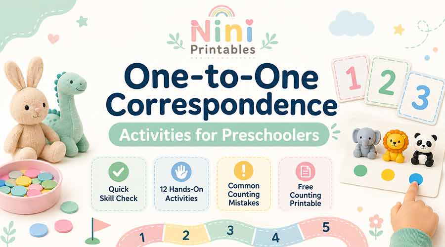 One-to-one correspondence activities for preschoolers with counting toys, number cards, and a free printable