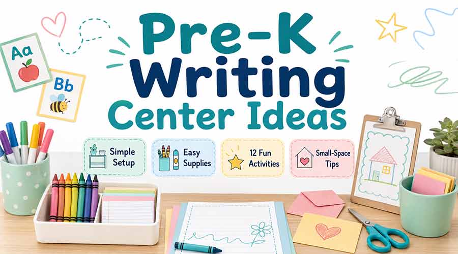 Pre-K writing center ideas header image with simple setup, easy supplies, fun activities, and small-space tips