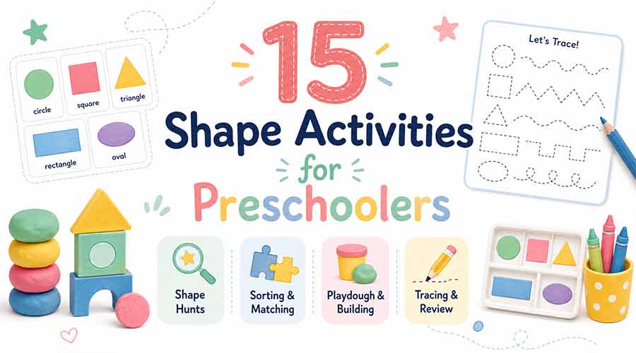 15 shape activities for preschoolers with shape hunts, sorting and matching, playdough and building, and tracing review