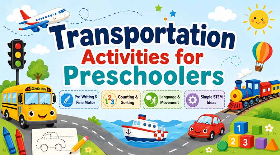 Colorful transportation activities for preschoolers header image with airplane, school bus, boat, train, car, and learning icons