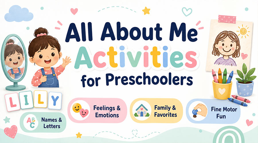 All About Me activities for preschoolers with names and letters, feelings and emotions, family and favorites, and fine motor fun