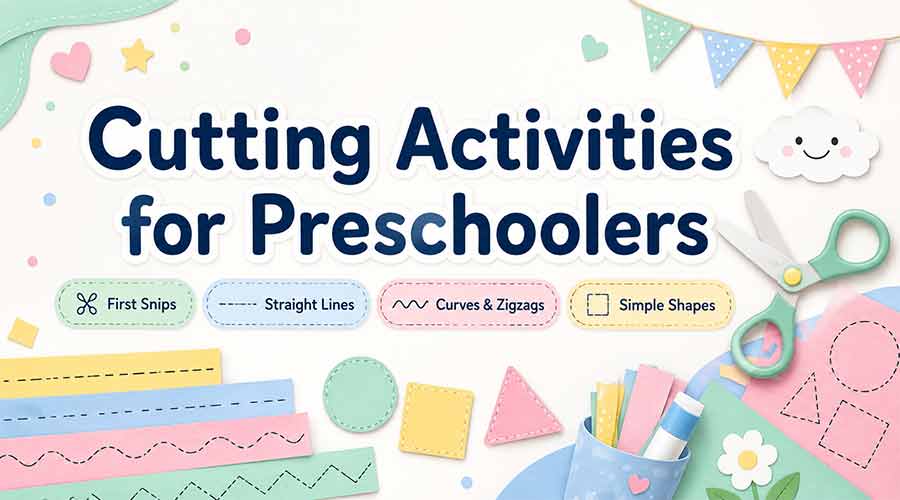 Cutting activities for preschoolers header image with scissors, practice lines, and simple shapes