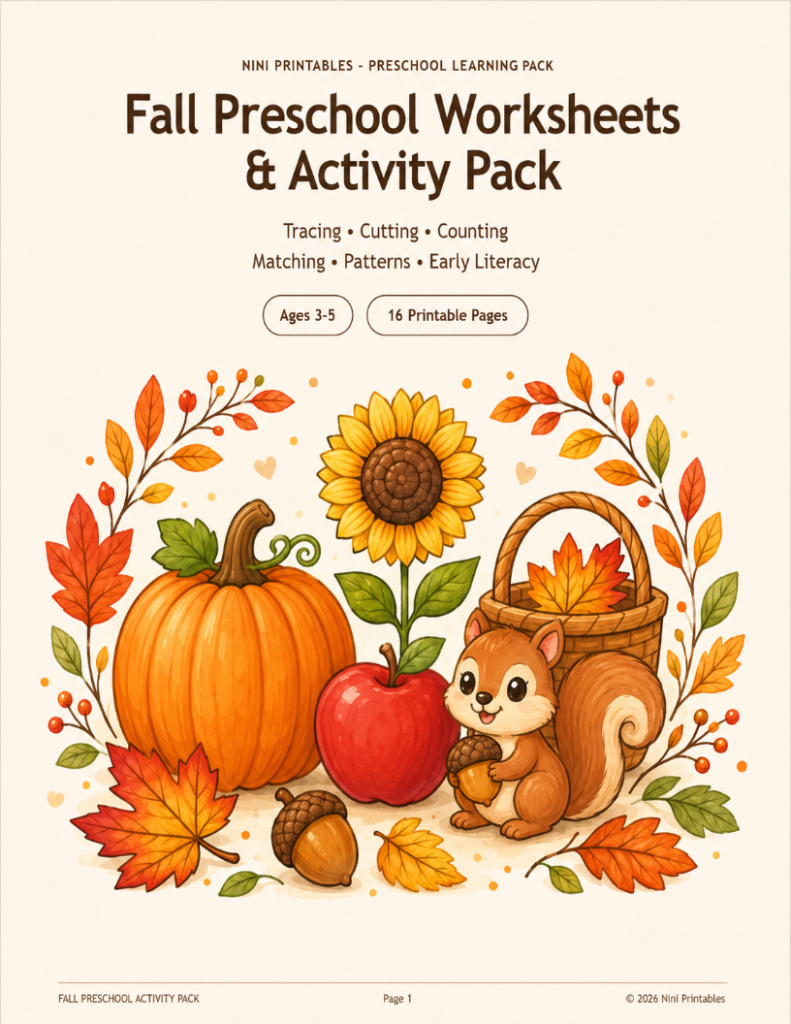 Fall Preschool Worksheets and Activity Pack cover for ages 3-5