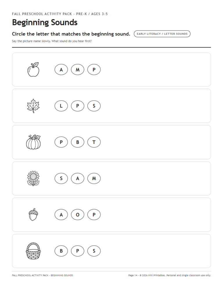 Fall beginning sounds worksheet preview for preschoolers