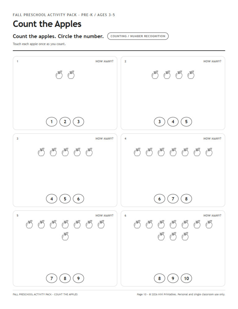 Fall apple counting worksheet preview for preschoolers