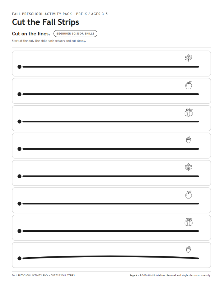 Fall cutting strips worksheet preview for preschoolers