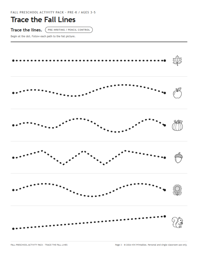 Fall line tracing worksheet preview for preschoolers