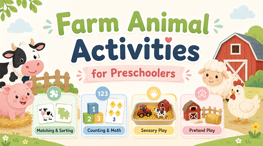 Farm animal activities for preschoolers with matching, counting, sensory play, and pretend play ideas