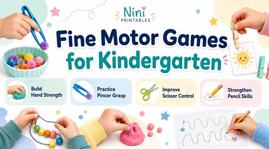Fine motor games for kindergarten header image with tweezers, beads, playdough, scissors, and pencil tracing activities