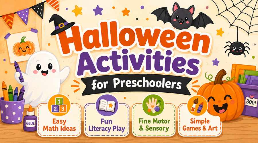 Halloween activities for preschoolers header with easy math, fun literacy play, fine motor and sensory, and simple games and art