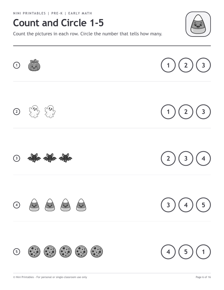 Count and circle 1 to 5 worksheet from the Halloween preschool activity pack
