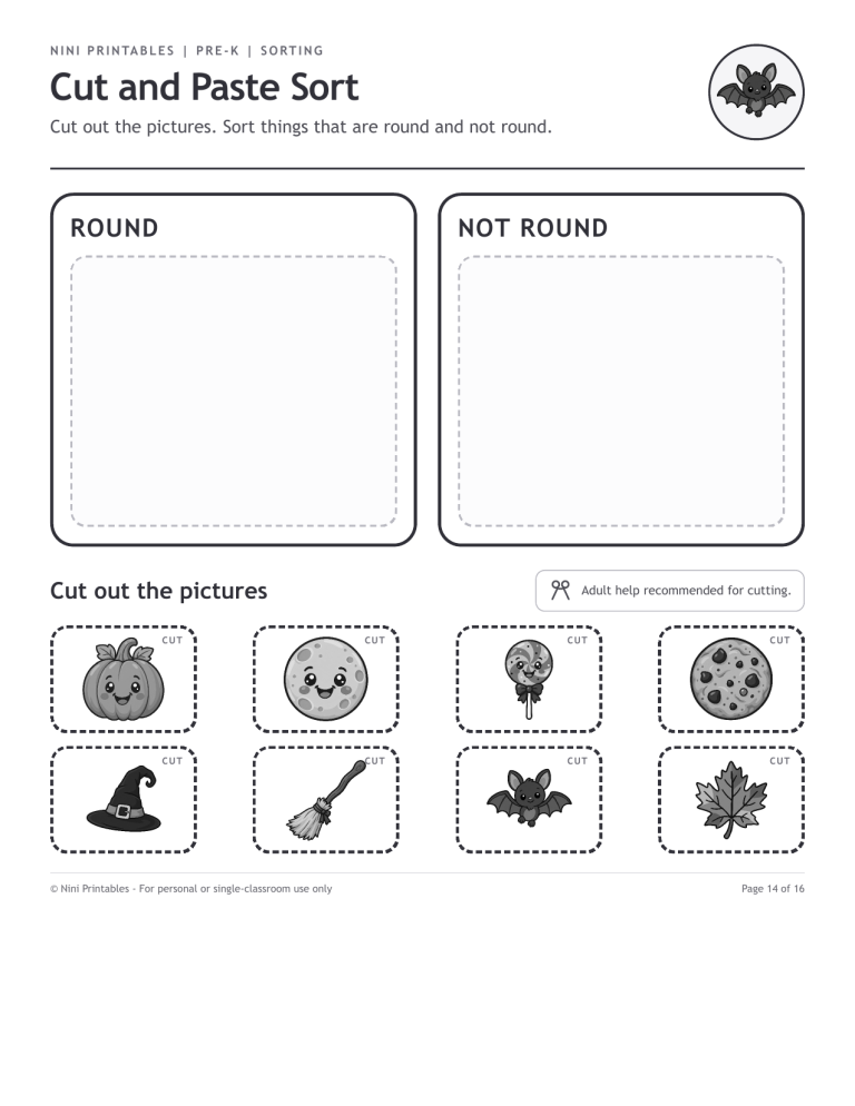 Round and not round cut and paste worksheet from the Halloween preschool activity pack