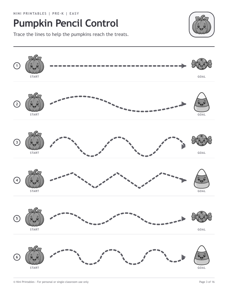 Pumpkin pencil control tracing worksheet from the Halloween preschool activity pack