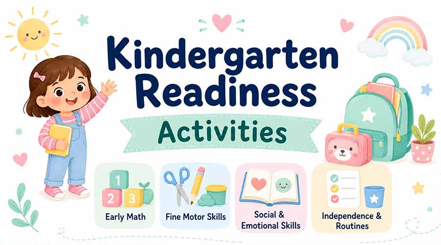 Kindergarten readiness activities header with preschool child illustration and icons for early math, fine motor skills, social-emotional skills, and independence routines