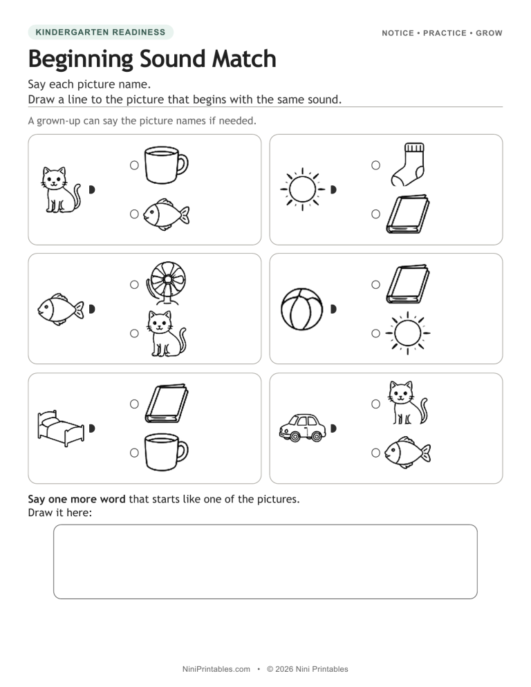 Beginning sound matching worksheet preview with picture choices