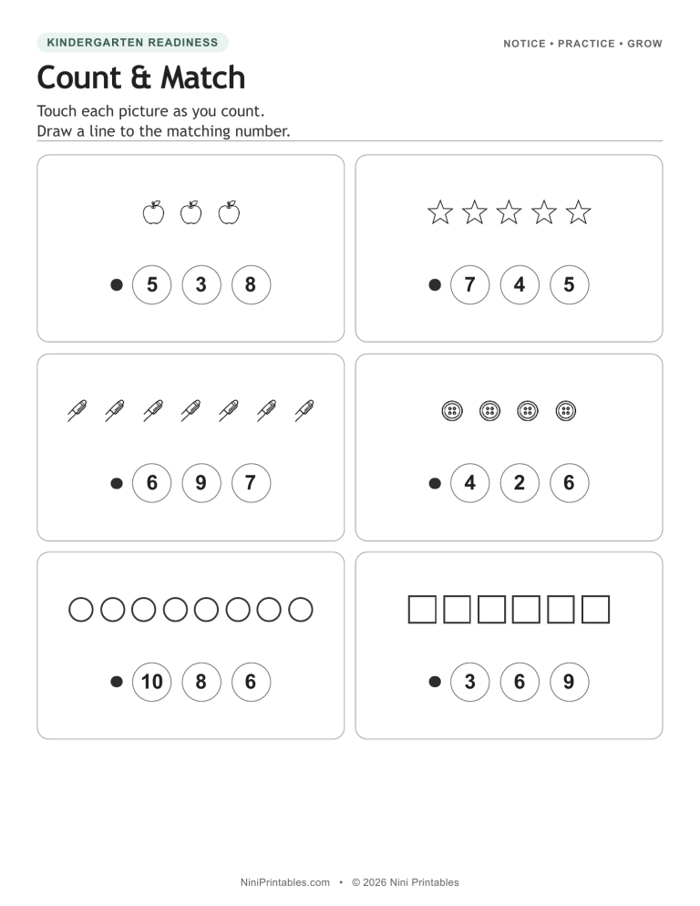 Count and match kindergarten worksheet preview with objects and number choices