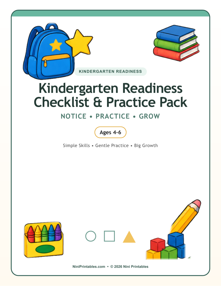 Kindergarten Readiness Checklist and Practice Pack cover for ages 4–6