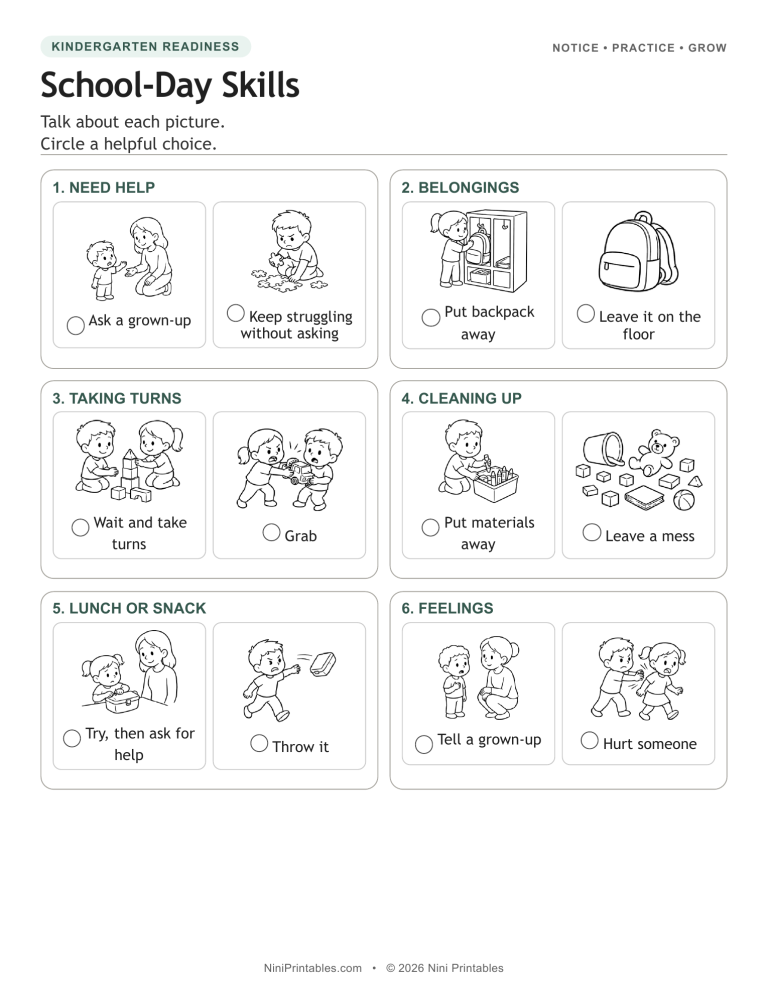School-day skills worksheet preview with helpful choice activities