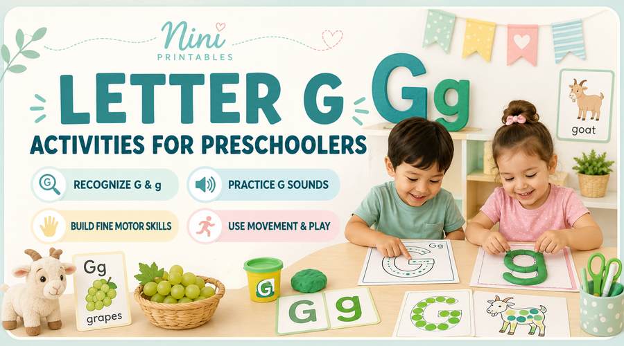 Letter G activities for preschoolers with letter recognition, sounds, fine motor skills, and movement play