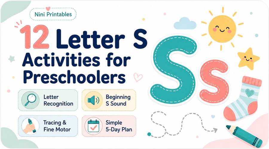 Letter S activities for preschoolers with letter recognition, beginning S sound, tracing, fine motor practice, and a simple 5-day plan