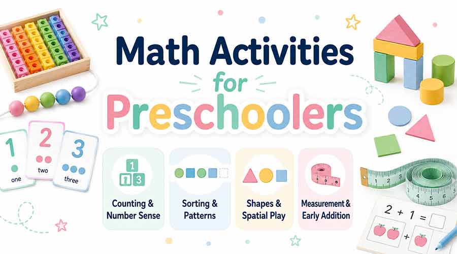 Math activities for preschoolers with counting, sorting, shapes, measurement, and early addition ideas