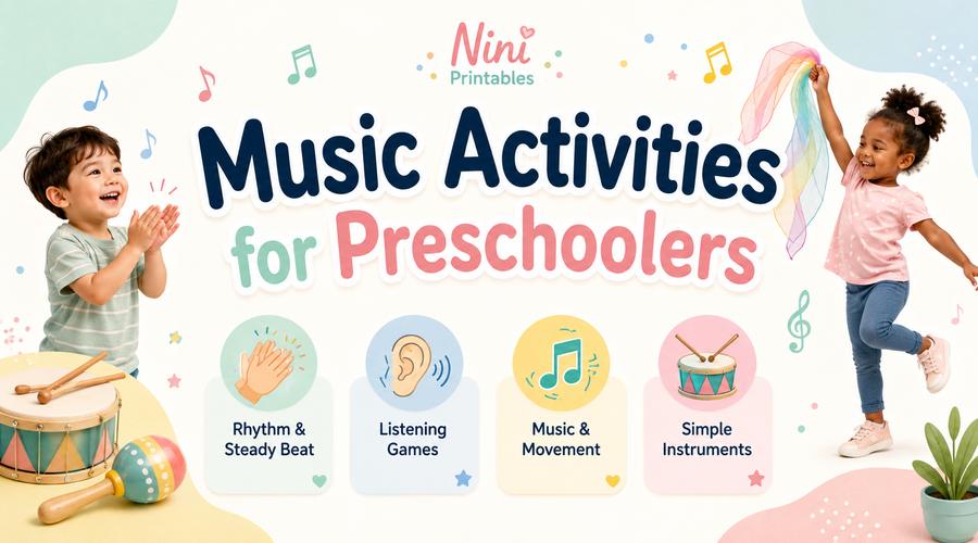 Music activities for preschoolers with rhythm, listening games, movement, and simple instruments