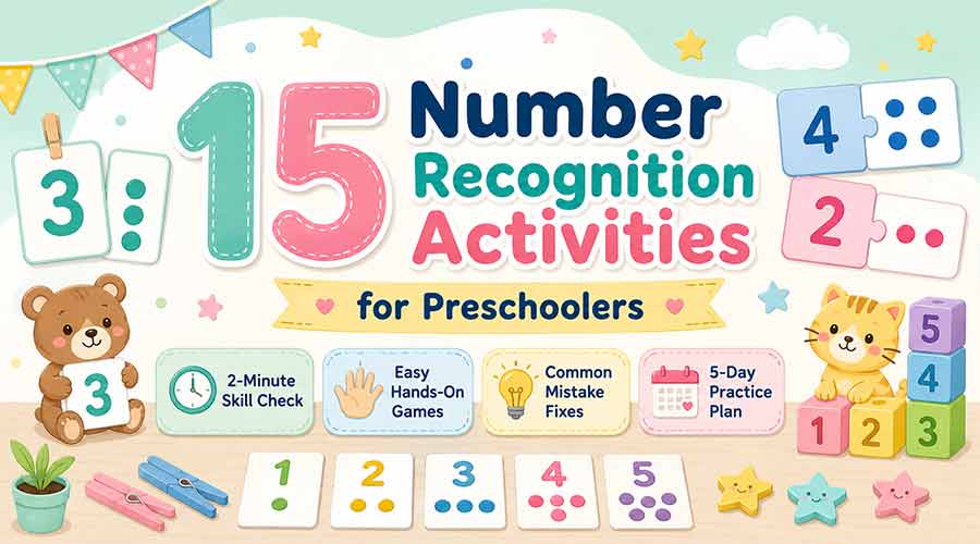 Number recognition activities for preschoolers using numeral cards, matching games, and a 5-day practice plan