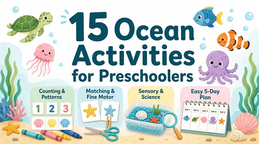 Ocean activities for preschoolers header image with counting, matching, sensory science, and a 5-day plan