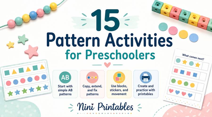 15 pattern activities for preschoolers with AB patterns, blocks, stickers, movement, and printable practice