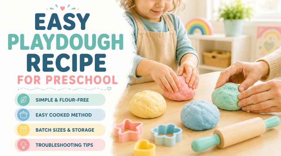 Easy playdough recipe for preschool with a flour-free cooked method, batch sizes, storage, and troubleshooting tips