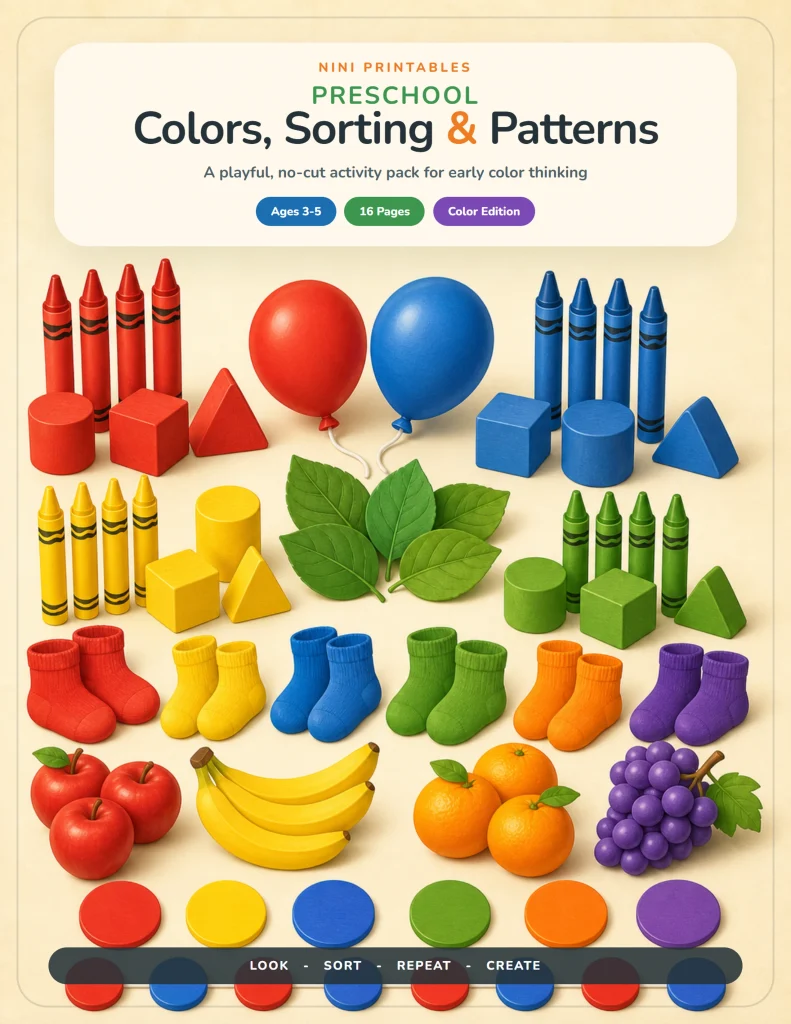 Free Colors, Sorting and Patterns printable for pattern activities for preschoolers