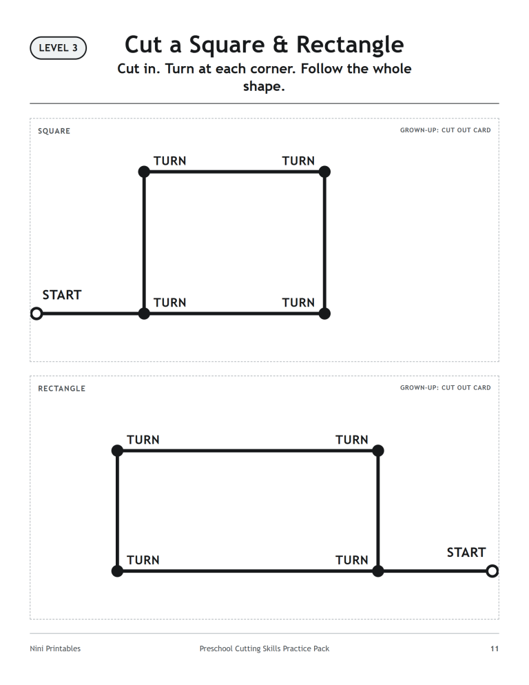 Square and rectangle cutting practice with START and TURN markers