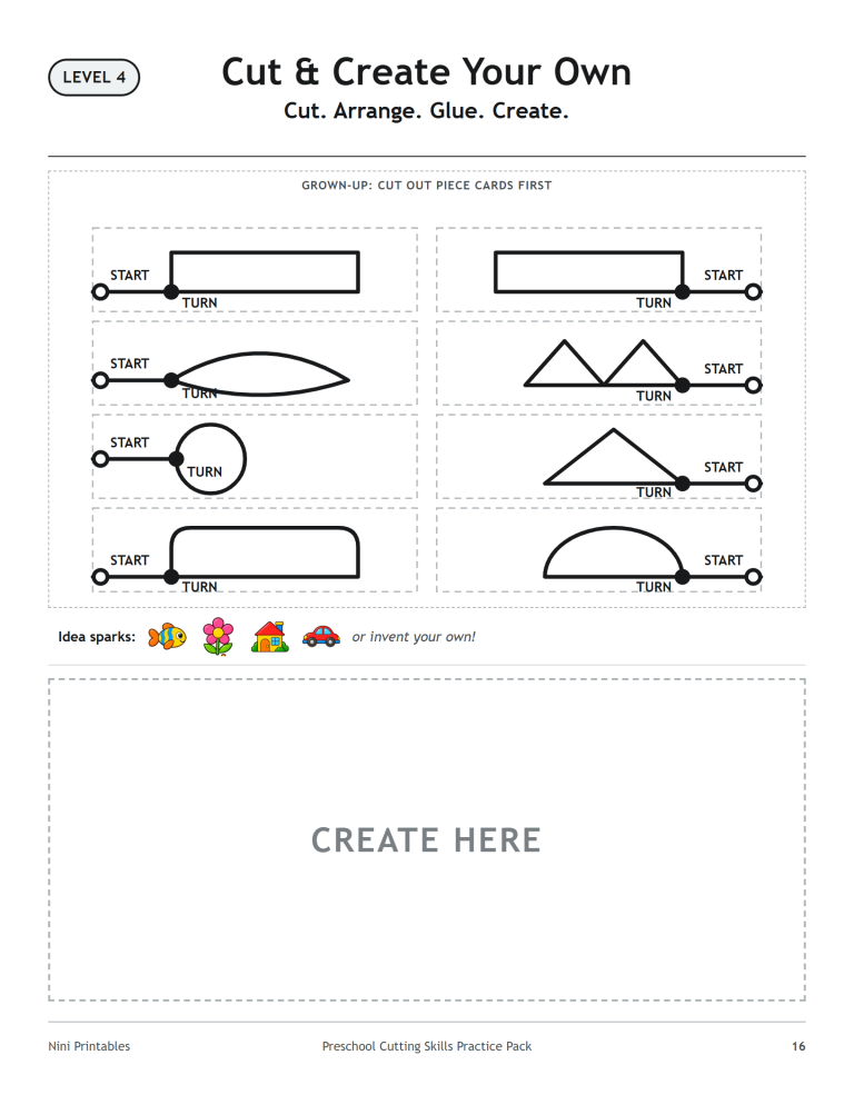 Cut-and-create piece cards and large CREATE HERE activity area