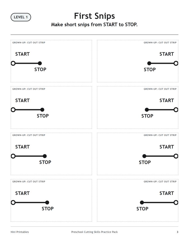 Beginner first snips cutting practice with short straight lines