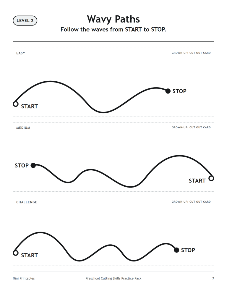 Preschool wavy cutting paths with START and STOP markers