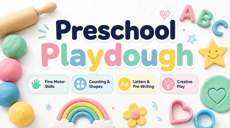 Preschool playdough activities for fine motor skills, counting, shapes, letters, pre-writing, and creative play