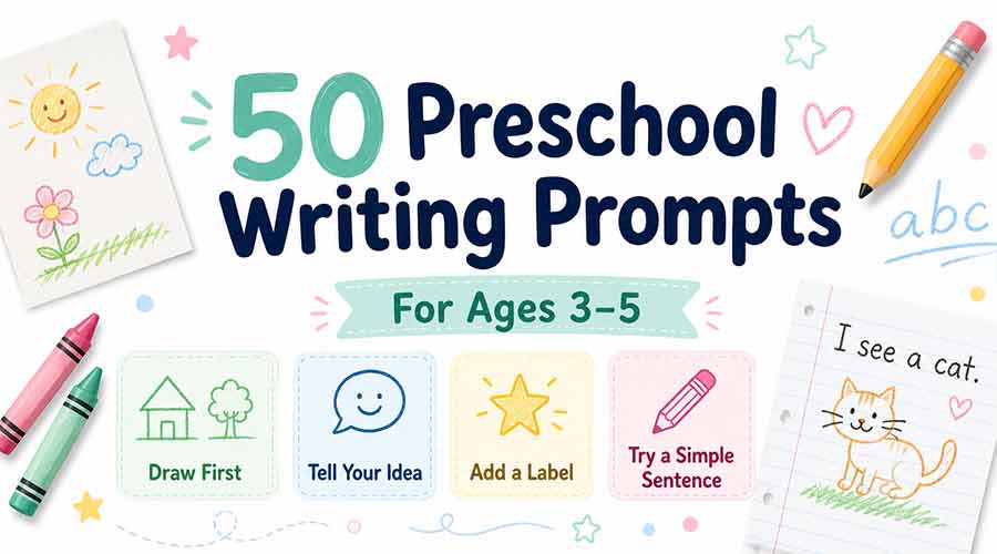 Preschool writing prompts header image with draw first, tell your idea, add a label, and try a simple sentence