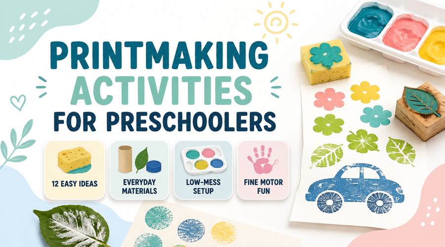Printmaking activities for preschoolers with sponge, leaf, shape and toy car printing