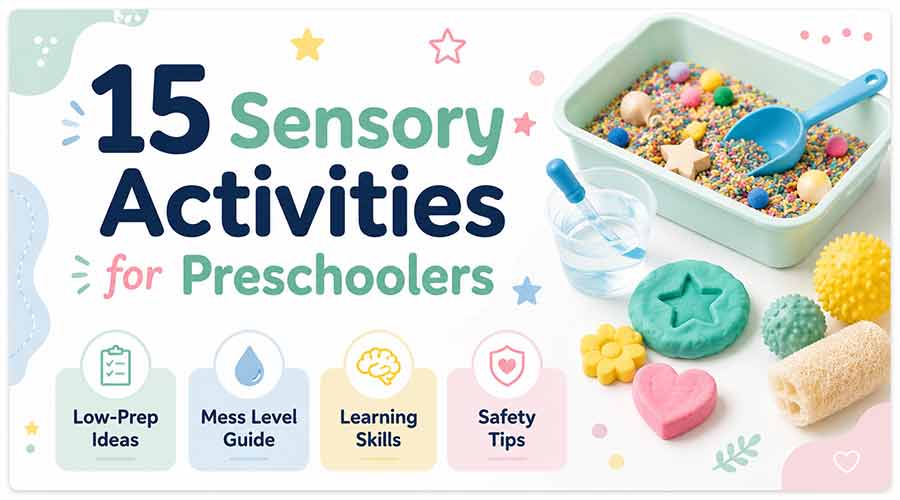 15 sensory activities for preschoolers header image with sensory bin, playdough, and low-prep learning ideas