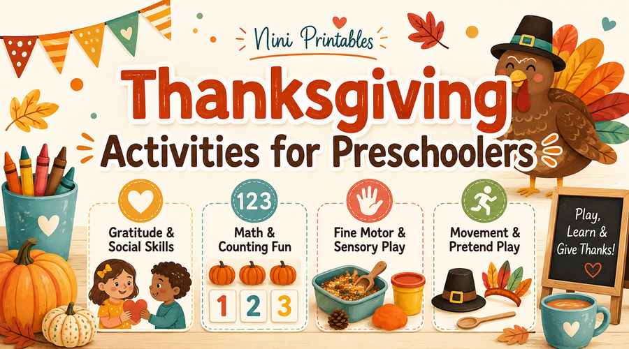 Thanksgiving activities for preschoolers with gratitude, math, fine motor, sensory, and movement ideas