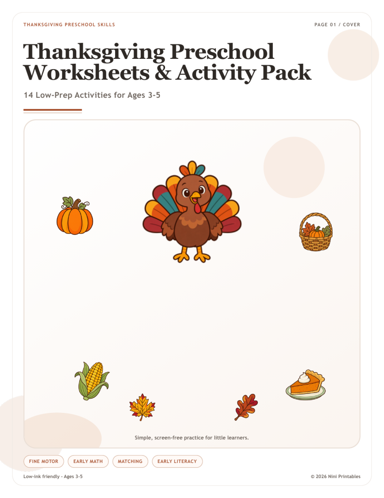Thanksgiving preschool worksheets and activity pack for ages 3 to 5