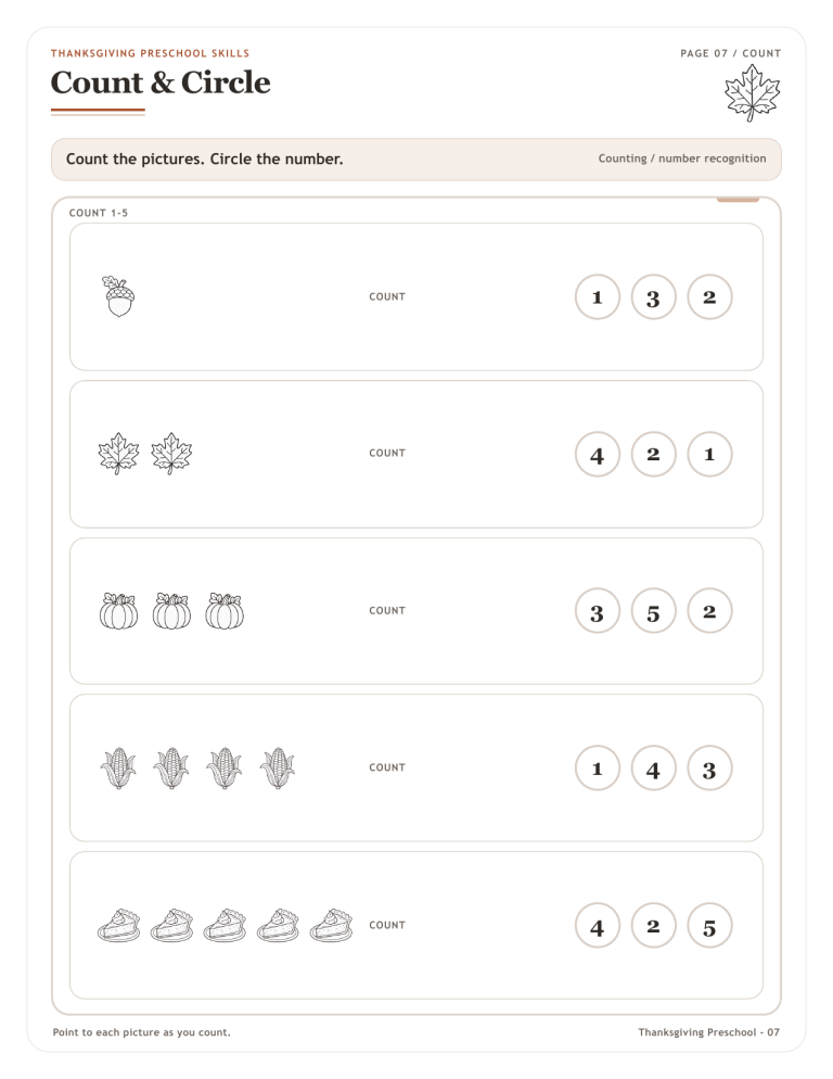 Thanksgiving preschool counting and circle worksheet preview