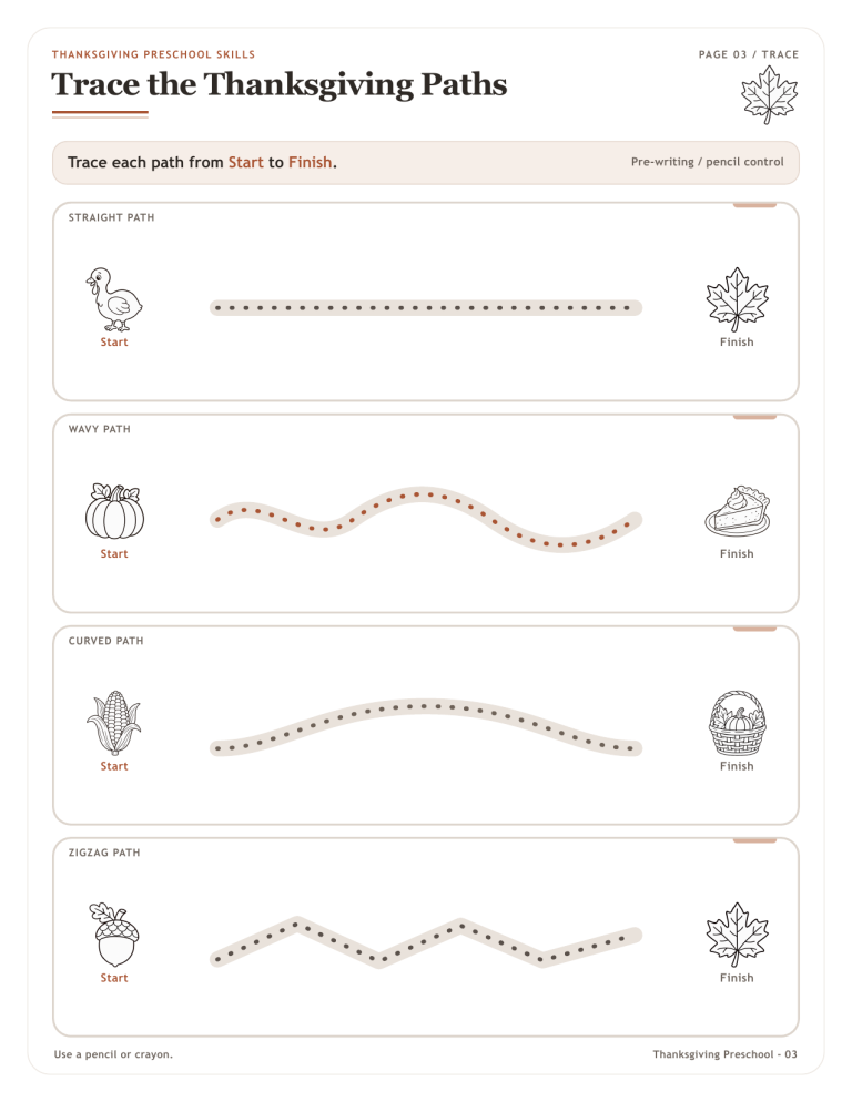 Thanksgiving preschool tracing paths worksheet preview