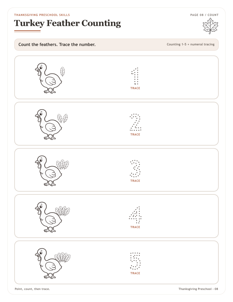 Turkey feather counting worksheet for preschoolers